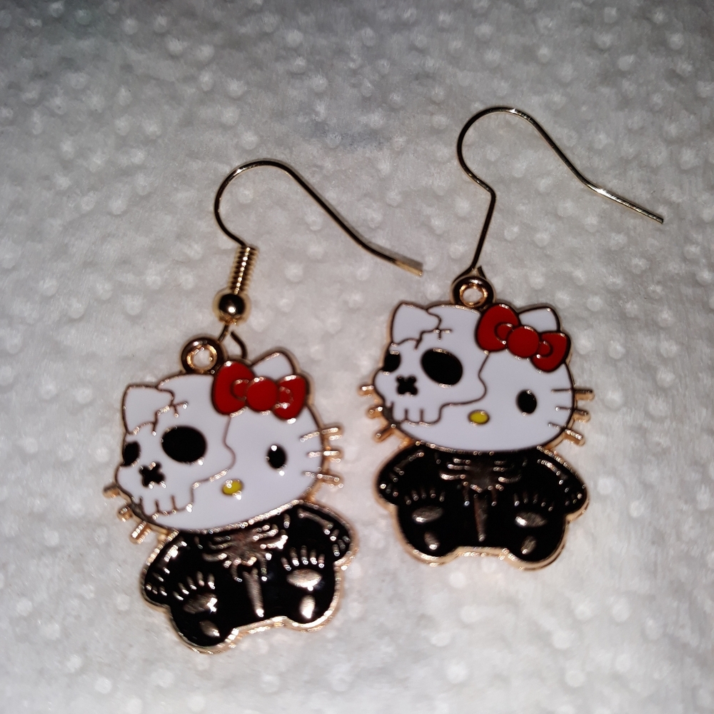 NEW Hello Kitty Skeleton Goth Dangle Earrings Gold Enamel Stainless Jewelry NWT